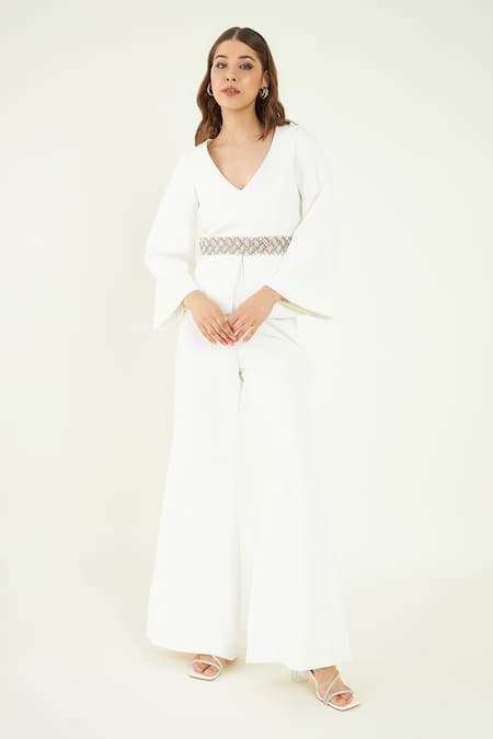 Bohobi White Fine Banana Crepe Maisha Waistband Top And Flared Pant Set 