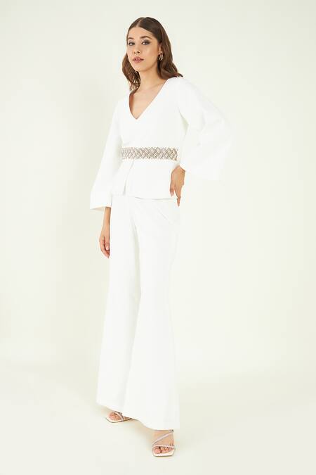 Buy Bohobi White Crepe Beads, Stones Maisha Waistband Embroidered Top And Flared Pant Set Online at Aza Fashions Buy_Bohobi_White Crepe Beads, Stones Maisha Waistband Embroidered Top And Flared Pant Set _Online_at_Aza_Fashions