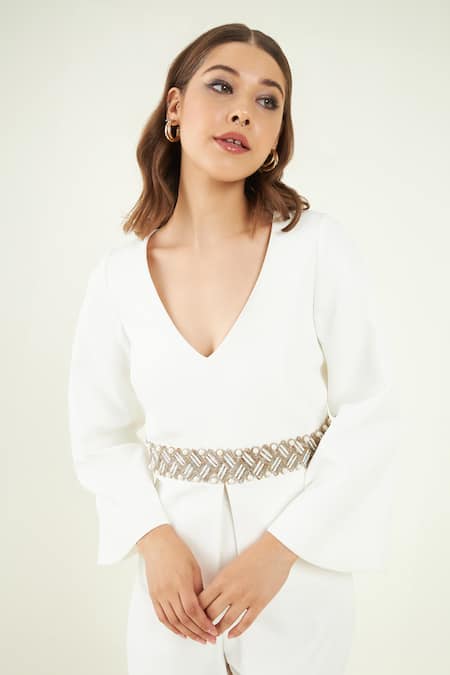 Shop Bohobi White Crepe Beads, Stones Maisha Waistband Embroidered Top And Flared Pant Set Online at Aza Fashions Shop_Bohobi_White Crepe Beads, Stones Maisha Waistband Embroidered Top And Flared Pant Set _Online_at_Aza_Fashions