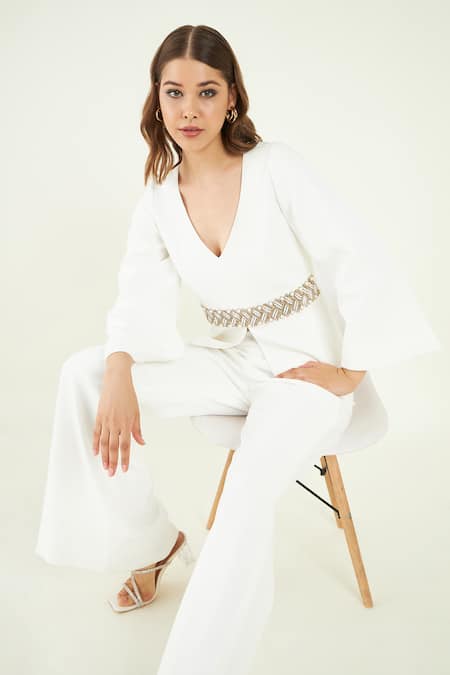 Bohobi White Crepe Beads, Stones Maisha Waistband Embroidered Top And Flared Pant Set at Aza Fashions Bohobi_White Crepe Beads, Stones Maisha Waistband Embroidered Top And Flared Pant Set _at_Aza_Fashions