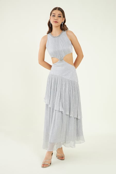 Bohobi Silver Fine Pleated Crepe Embroidery Swarovski Opulent Neckline Tiered Dress 