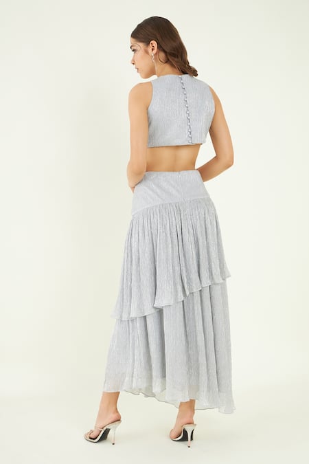 Shop_Bohobi_Silver Crepe Crystals Round Neck Opulent Neckline Embroidered Tiered Dress _at_Aza_Fashions