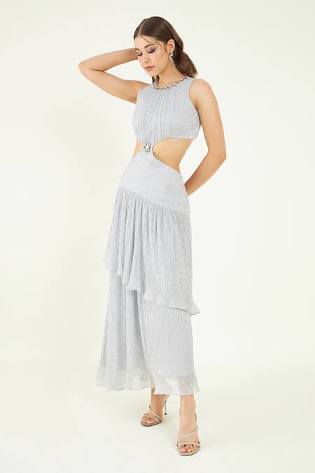 Bohobi_Silver Crepe Crystals Round Neck Opulent Neckline Embroidered Tiered Dress _Online_at_Aza_Fashions