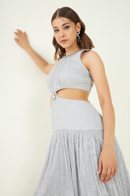 Shop_Bohobi_Silver Crepe Crystals Round Neck Opulent Neckline Embroidered Tiered Dress _Online_at_Aza_Fashions