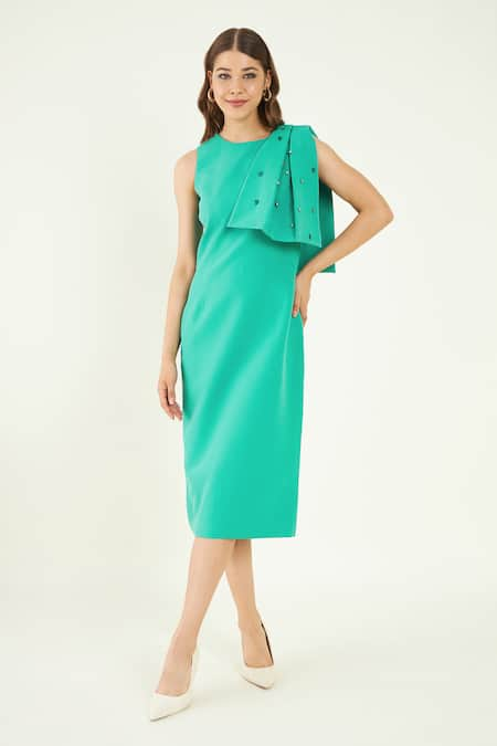 Bohobi Green Fine Banana Crepe Embroidery Swarovski Round Sheath Dress 