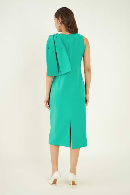 Shop Bohobi Green Crepe Crystals Round Neck Sheath Swarovski Embroidered Dress at Aza Fashions Shop_Bohobi_Green Crepe Crystals Round Neck Sheath Swarovski Embroidered Dress _at_Aza_Fashions