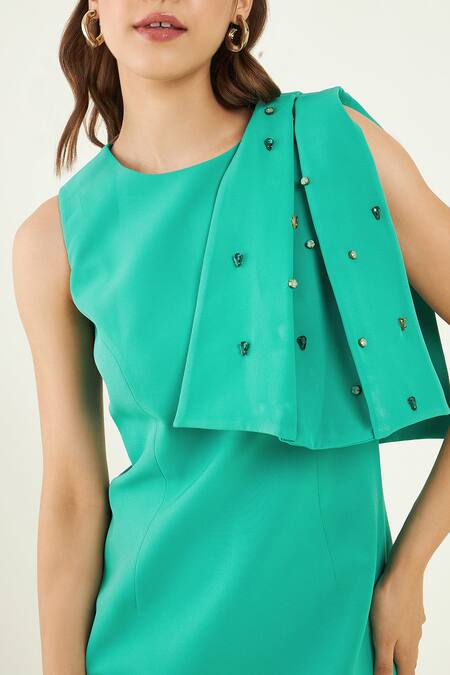 Shop Bohobi Green Crepe Crystals Round Neck Sheath Swarovski Embroidered Dress Online at Aza Fashions Shop_Bohobi_Green Crepe Crystals Round Neck Sheath Swarovski Embroidered Dress _Online_at_Aza_Fashions