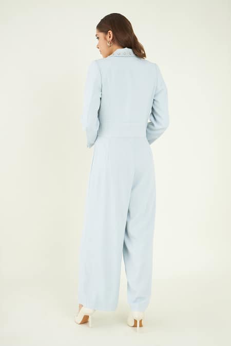 Shop Bohobi Blue Crepe Pearls Collared Embellished Power Jumpsuit at Aza Fashions Shop_Bohobi_Blue Crepe Pearls Collared Embellished Power Jumpsuit _at_Aza_Fashions