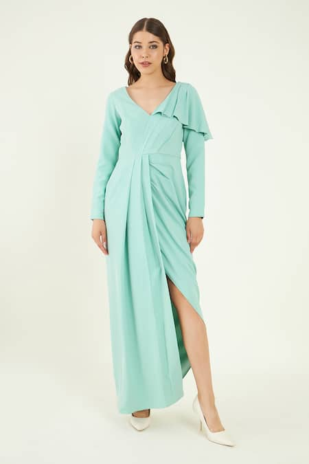 Bohobi Blue Fine American Crepe Plain V Neck Slit Up Summer Dress 