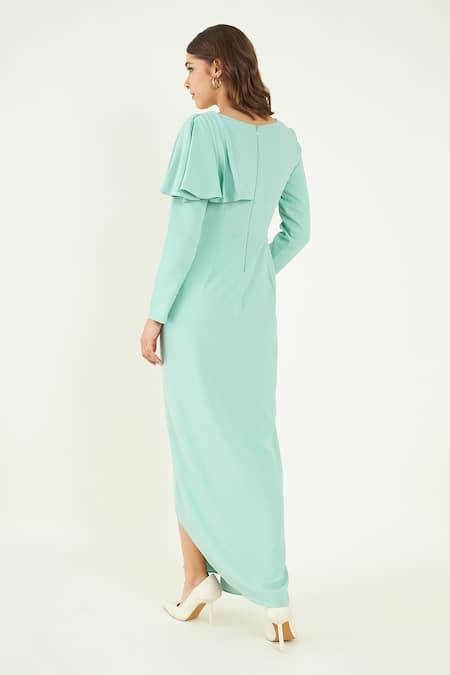 Shop Bohobi Blue Crepe V-neck Slit Up Summer Dress at Aza Fashions Shop_Bohobi_Blue Crepe V-neck Slit Up Summer Dress _at_Aza_Fashions