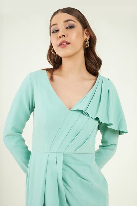 Buy Bohobi Blue Crepe V-neck Slit Up Summer Dress Online at Aza Fashions Buy_Bohobi_Blue Crepe V-neck Slit Up Summer Dress _Online_at_Aza_Fashions