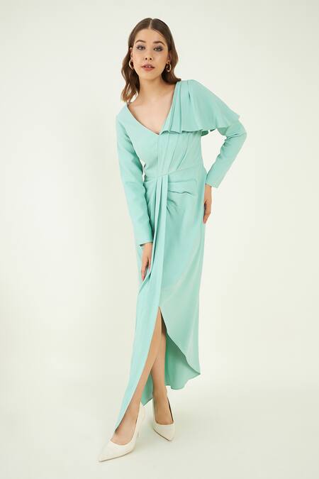 Shop Bohobi Blue Crepe V-neck Slit Up Summer Dress Online at Aza Fashions Shop_Bohobi_Blue Crepe V-neck Slit Up Summer Dress _Online_at_Aza_Fashions