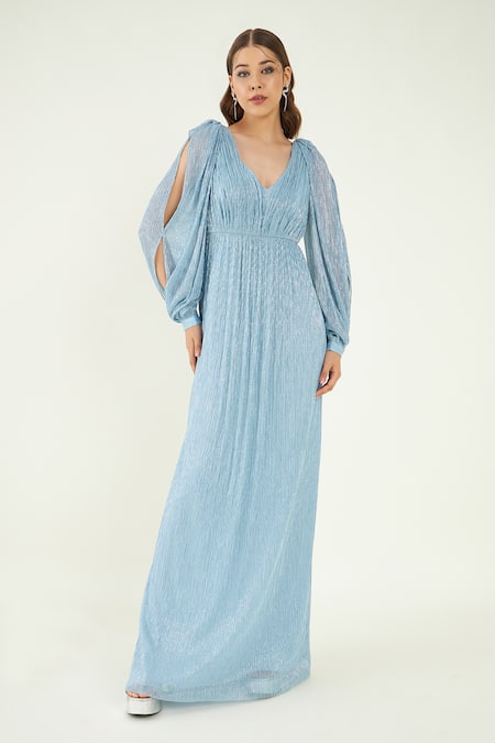 Bohobi Blue Fine Pleated Crepe Plain V Neck Tiffany Alluring Metallic Dress 