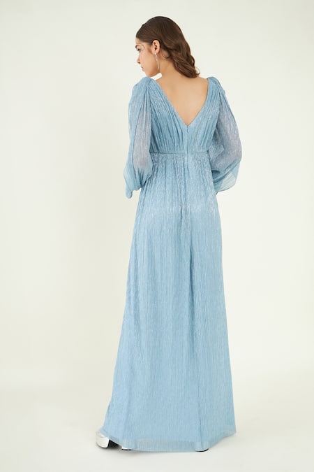 Shop Bohobi Blue Crepe V-neck Tiffany Alluring Metallic Dress at Aza Fashions Shop_Bohobi_Blue Crepe V-neck Tiffany Alluring Metallic Dress _at_Aza_Fashions