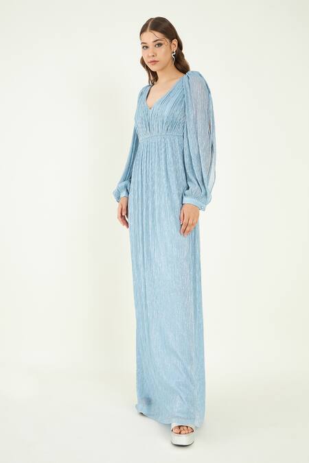 Bohobi Blue Crepe V-neck Tiffany Alluring Metallic Dress Online at Aza Fashions Bohobi_Blue Crepe V-neck Tiffany Alluring Metallic Dress _Online_at_Aza_Fashions