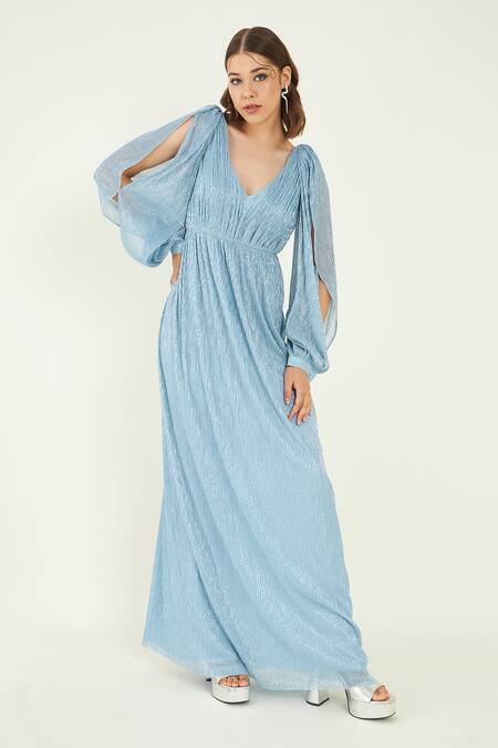 Shop Bohobi Blue Crepe V-neck Tiffany Alluring Metallic Dress Online at Aza Fashions Shop_Bohobi_Blue Crepe V-neck Tiffany Alluring Metallic Dress _Online_at_Aza_Fashions