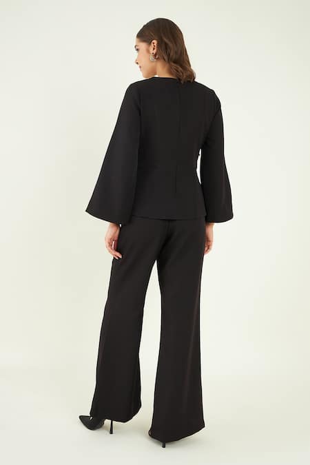 Shop Bohobi Black Crepe Beads, Stones Vasara Waistband Embroidered Top And Flared Pant Set at Aza Fashions Shop_Bohobi_Black Crepe Beads, Stones Vasara Waistband Embroidered Top And Flared Pant Set _at_Aza_Fashions