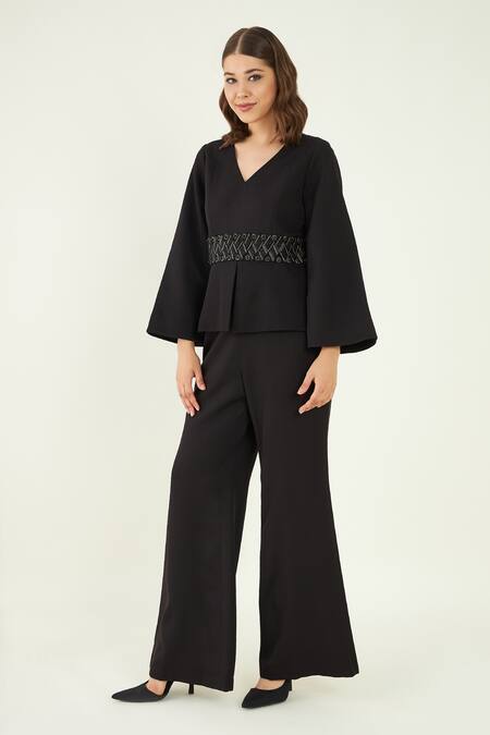 Buy Bohobi Black Crepe Beads, Stones Vasara Waistband Embroidered Top And Flared Pant Set Online at Aza Fashions Buy_Bohobi_Black Crepe Beads, Stones Vasara Waistband Embroidered Top And Flared Pant Set _Online_at_Aza_Fashions