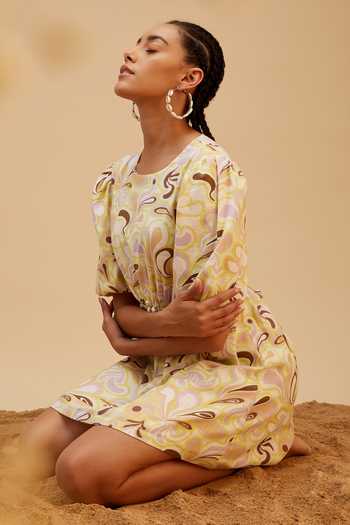 Shop_Bohobi_Multi Color Cotton Round Neck Love Beach Maze Print Dress _Online_at_Aza_Fashions