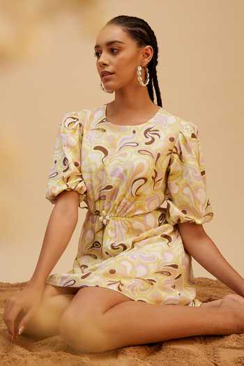 Bohobi_Multi Color Cotton Round Neck Love Beach Maze Print Dress _at_Aza_Fashions