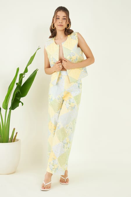 Buy Bohobi Multi Color Linen Embroidery Luana Printed Gilet With Pant Online at Aza Fashions Buy_Bohobi_Multi Color Linen Embroidery Luana Printed Gilet With Pant _Online_at_Aza_Fashions