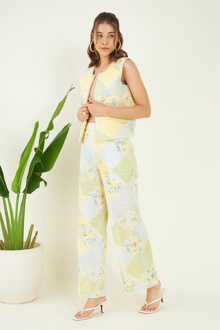 Shop Bohobi Multi Color Linen Embroidery Luana Printed Gilet With Pant Online at Aza Fashions Shop_Bohobi_Multi Color Linen Embroidery Luana Printed Gilet With Pant _Online_at_Aza_Fashions