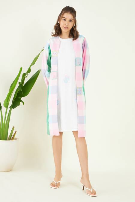 Buy Bohobi Multi Color Linen Embroidery Round Neck Meraki Checkered Shrug With Dress Online at Aza Fashions Buy_Bohobi_Multi Color Linen Embroidery Round Neck Meraki Checkered Shrug With Dress _Online_at_Aza_Fashions