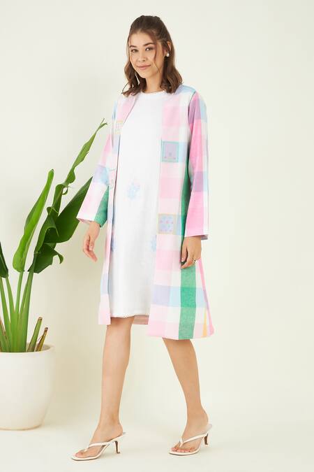 Shop Bohobi Multi Color Linen Embroidery Round Neck Meraki Checkered Shrug With Dress Online at Aza Fashions Shop_Bohobi_Multi Color Linen Embroidery Round Neck Meraki Checkered Shrug With Dress _Online_at_Aza_Fashions
