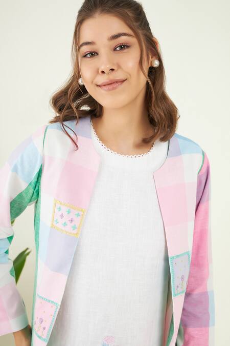 Bohobi Multi Color Linen Embroidery Round Neck Meraki Checkered Shrug With Dress at Aza Fashions Bohobi_Multi Color Linen Embroidery Round Neck Meraki Checkered Shrug With Dress _at_Aza_Fashions