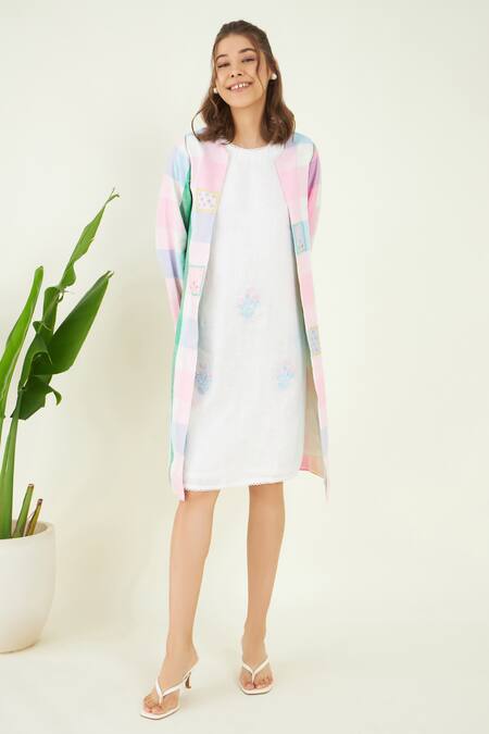 Buy Bohobi Multi Color Linen Embroidery Round Neck Meraki Checkered Shrug With Dress Buy_Bohobi_Multi Color Linen Embroidery Round Neck Meraki Checkered Shrug With Dress