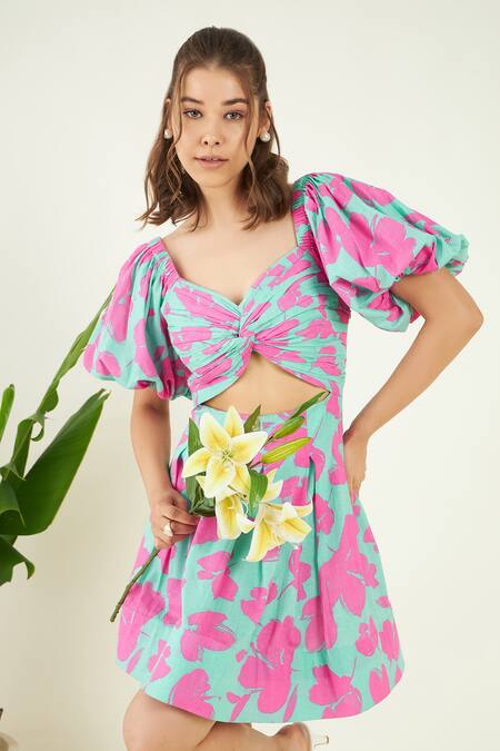 Bohobi_Pink Cotton V-neck Floral Print Cut-out Dress _at_Aza_Fashions