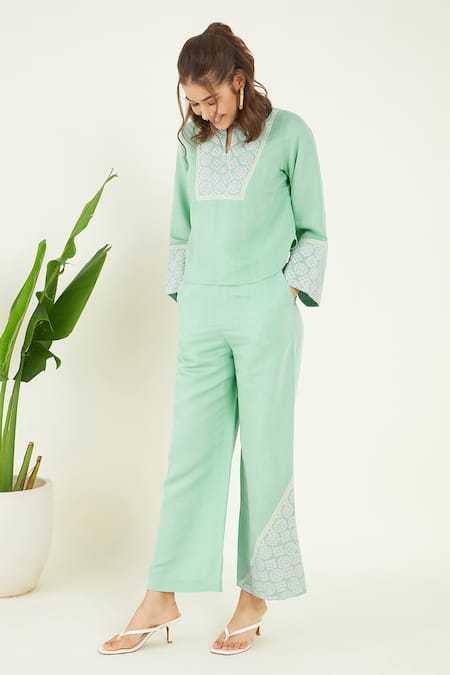 Shop Bohobi Green Linen Embroidery Open Neck Dori Placement Top With Pant at Aza Fashions Shop_Bohobi_Green Linen Embroidery Open Neck Dori Placement Top With Pant _at_Aza_Fashions