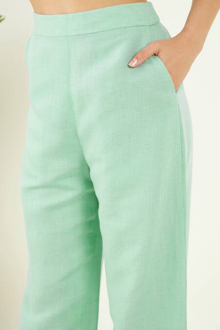 Bohobi Green Linen Embroidery Open Neck Dori Placement Top With Pant Online at Aza Fashions Bohobi_Green Linen Embroidery Open Neck Dori Placement Top With Pant _Online_at_Aza_Fashions