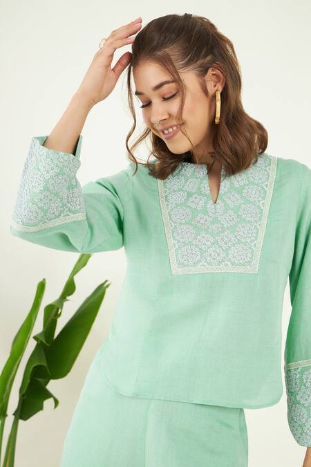 Buy Bohobi Green Linen Embroidery Open Neck Dori Placement Top With Pant Online at Aza Fashions Buy_Bohobi_Green Linen Embroidery Open Neck Dori Placement Top With Pant _Online_at_Aza_Fashions