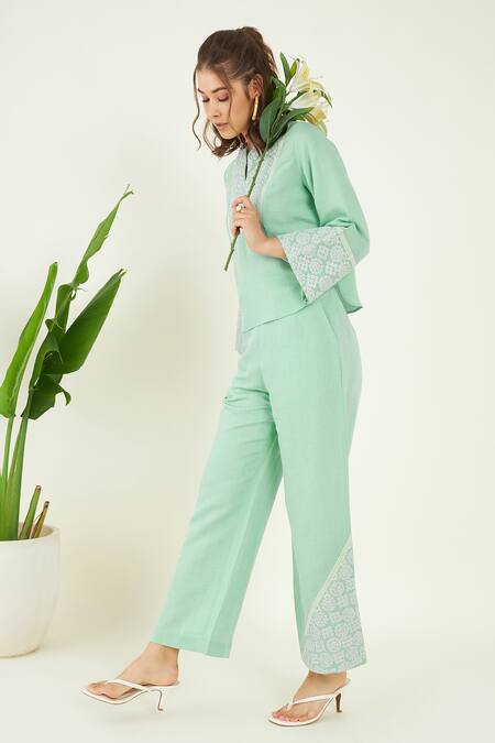 Shop Bohobi Green Linen Embroidery Open Neck Dori Placement Top With Pant Online at Aza Fashions Shop_Bohobi_Green Linen Embroidery Open Neck Dori Placement Top With Pant _Online_at_Aza_Fashions