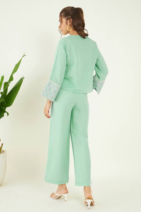 Bohobi Green Linen Embroidery Open Neck Dori Placement Top With Pant at Aza Fashions Bohobi_Green Linen Embroidery Open Neck Dori Placement Top With Pant _at_Aza_Fashions