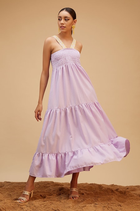 Bohobi Purple Cotton Threadwork Checkered Sea Breeze Pattern Tiered Dress 