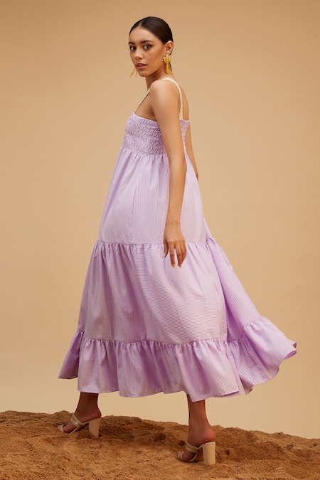 Shop Bohobi Purple Cotton Embroidery V-neck Sea Breeze Checkered Pattern Tiered Dress at Aza Fashions Shop_Bohobi_Purple Cotton Embroidery V-neck Sea Breeze Checkered Pattern Tiered Dress _at_Aza_Fashions