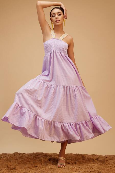 Buy Bohobi Purple Cotton Embroidery V-neck Sea Breeze Checkered Pattern Tiered Dress Online at Aza Fashions Buy_Bohobi_Purple Cotton Embroidery V-neck Sea Breeze Checkered Pattern Tiered Dress _Online_at_Aza_Fashions
