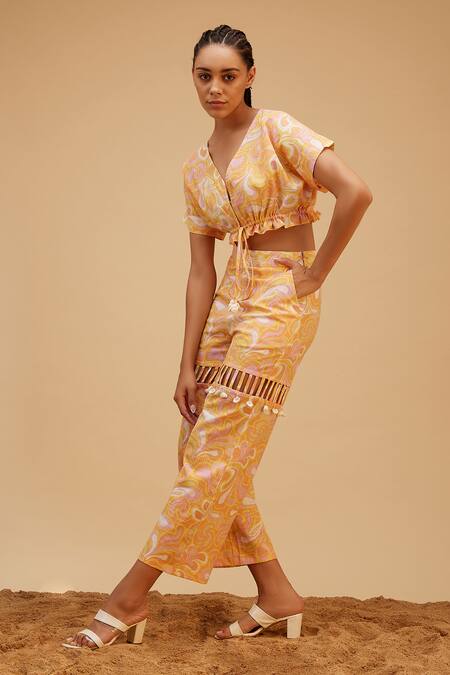 Bohobi Orange Cotton Tassels V-neck Sea Lover Abstract Print Crop Top With Pant Online at Aza Fashions Bohobi_Orange Cotton Tassels V-neck Sea Lover Abstract Print Crop Top With Pant _Online_at_Aza_Fashions