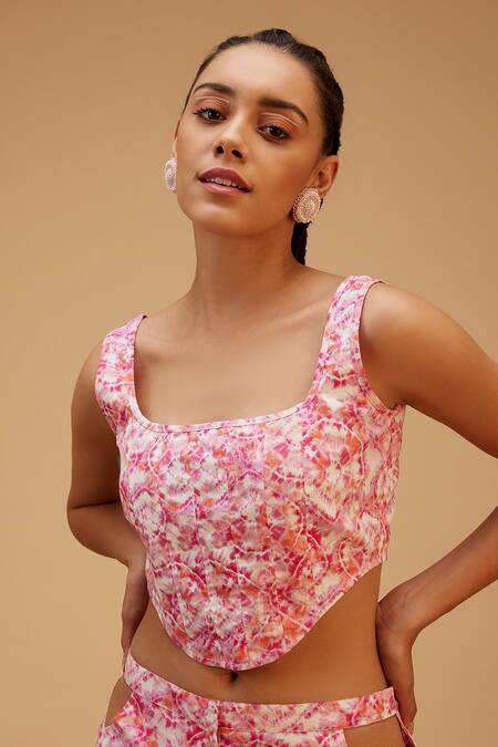 Bohobi Pink Cotton Square Neck Sea Salt Geometric Print Crop Top With Pant Online at Aza Fashions Bohobi_Pink Cotton Square Neck Sea Salt Geometric Print Crop Top With Pant _Online_at_Aza_Fashions