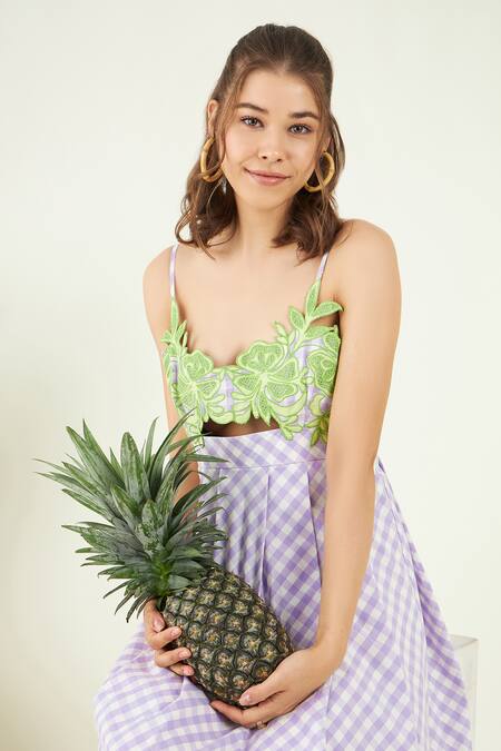 Shop Bohobi Purple Cotton Embroidery V-neck Serendipity Threadwork Bodice Dress Online at Aza Fashions Shop_Bohobi_Purple Cotton Embroidery V-neck Serendipity Threadwork Bodice Dress _Online_at_Aza_Fashions