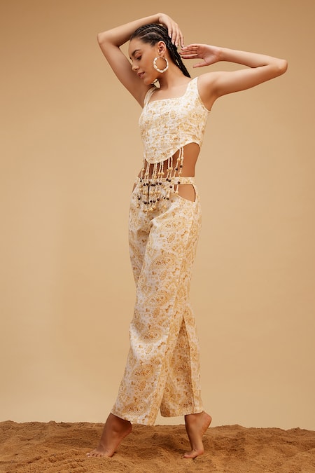 Bohobi Beige Cotton Beads Square Neck Set-me-free Paisley Print Crop Top With Pant Online at Aza Fashions Bohobi_Beige Cotton Beads Square Neck Set-me-free Paisley Print Crop Top With Pant _Online_at_Aza_Fashions