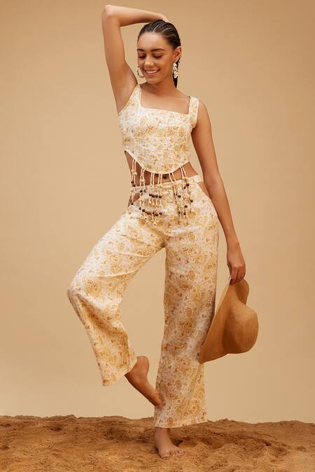 Buy Bohobi Beige Cotton Beads Square Neck Set-me-free Paisley Print Crop Top With Pant Online at Aza Fashions Buy_Bohobi_Beige Cotton Beads Square Neck Set-me-free Paisley Print Crop Top With Pant _Online_at_Aza_Fashions