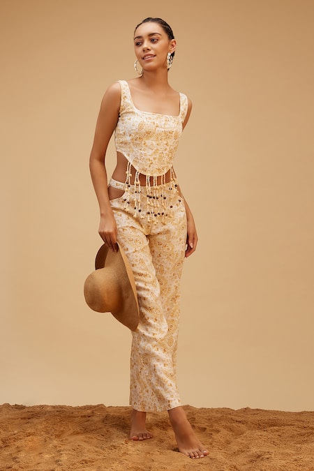 Shop Bohobi Beige Cotton Beads Square Neck Set-me-free Paisley Print Crop Top With Pant Online at Aza Fashions Shop_Bohobi_Beige Cotton Beads Square Neck Set-me-free Paisley Print Crop Top With Pant _Online_at_Aza_Fashions