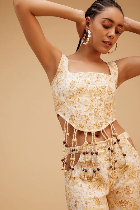 Bohobi Beige Cotton Beads Square Neck Set-me-free Paisley Print Crop Top With Pant at Aza Fashions Bohobi_Beige Cotton Beads Square Neck Set-me-free Paisley Print Crop Top With Pant _at_Aza_Fashions