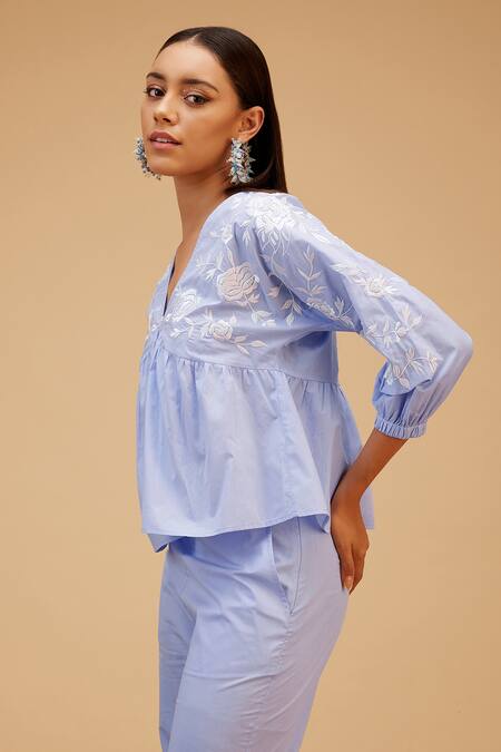 Bohobi_Blue Cotton Embroidery V-neck Spring Garden Threadwork Top_Online_at_Aza_Fashions