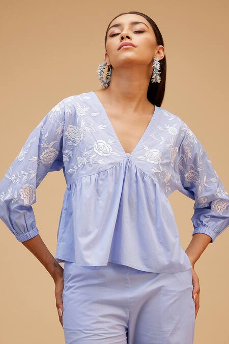Buy_Bohobi_Blue Cotton Embroidery V-neck Spring Garden Threadwork Top_Online_at_Aza_Fashions