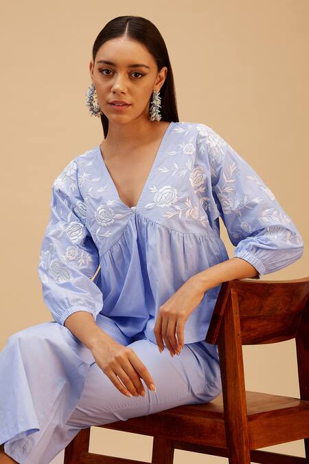 Shop_Bohobi_Blue Cotton Embroidery V-neck Spring Garden Threadwork Top_Online_at_Aza_Fashions