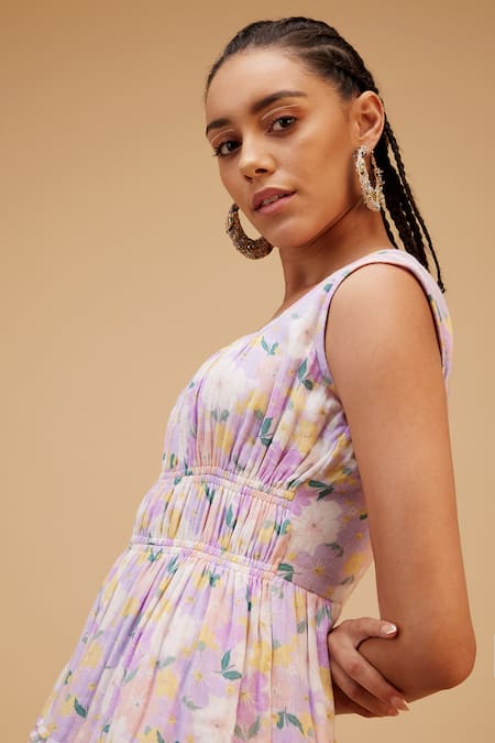 Buy Bohobi Purple Muslin Square Neck Striking Floral Print Dress Online at Aza Fashions Buy_Bohobi_Purple Muslin Square Neck Striking Floral Print Dress _Online_at_Aza_Fashions